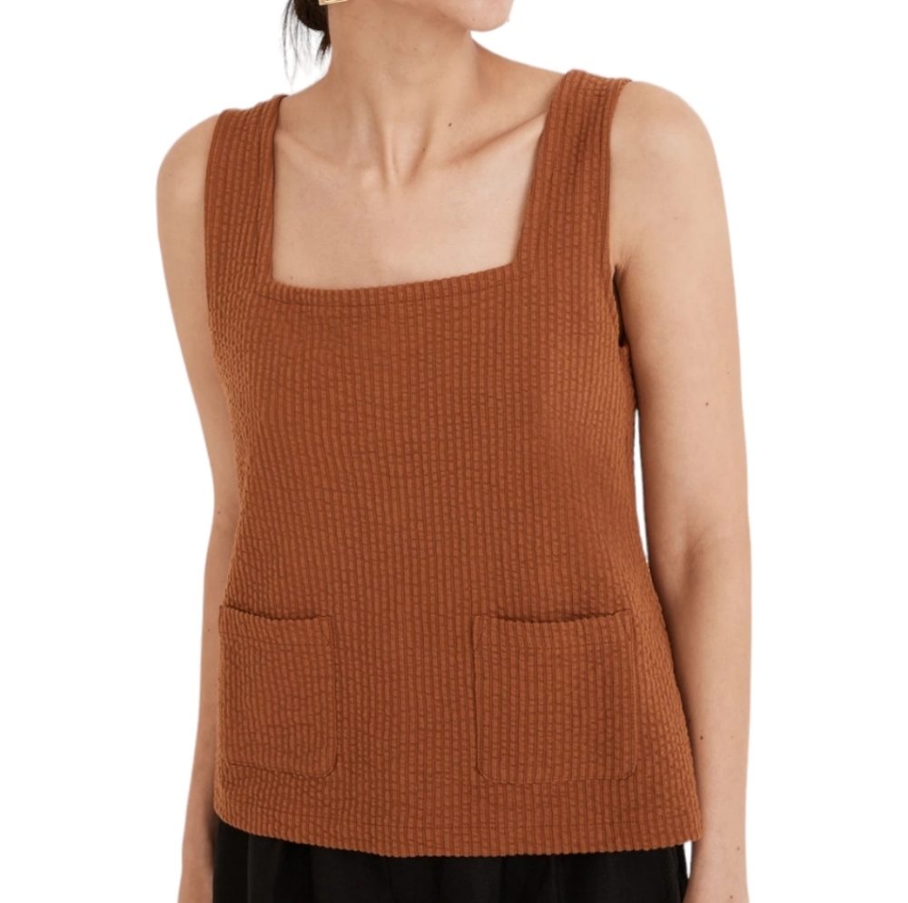 NWT Madewell Knit Seersucker Patch Pocket Tank in Warm Coffee | XXS